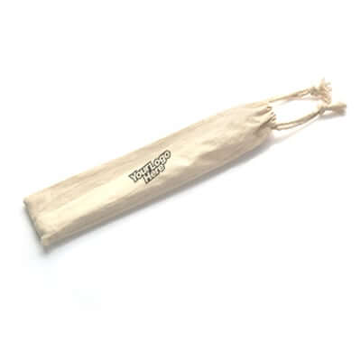 5 Pieces Stainless Steel Cutlery and Straw Set in a stylish beige canvas pouch with drawstrings.