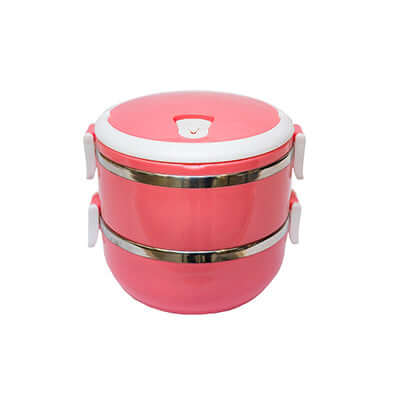 Round-shaped Stainless Steel Lunch Box in vibrant pink, 2-tier design ideal for meal prep.