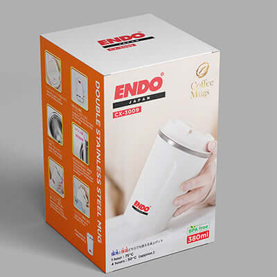 ENDO 380ML Double Stainless Steel Thermal Coffee Mug packaging, ideal for corporate gifts.