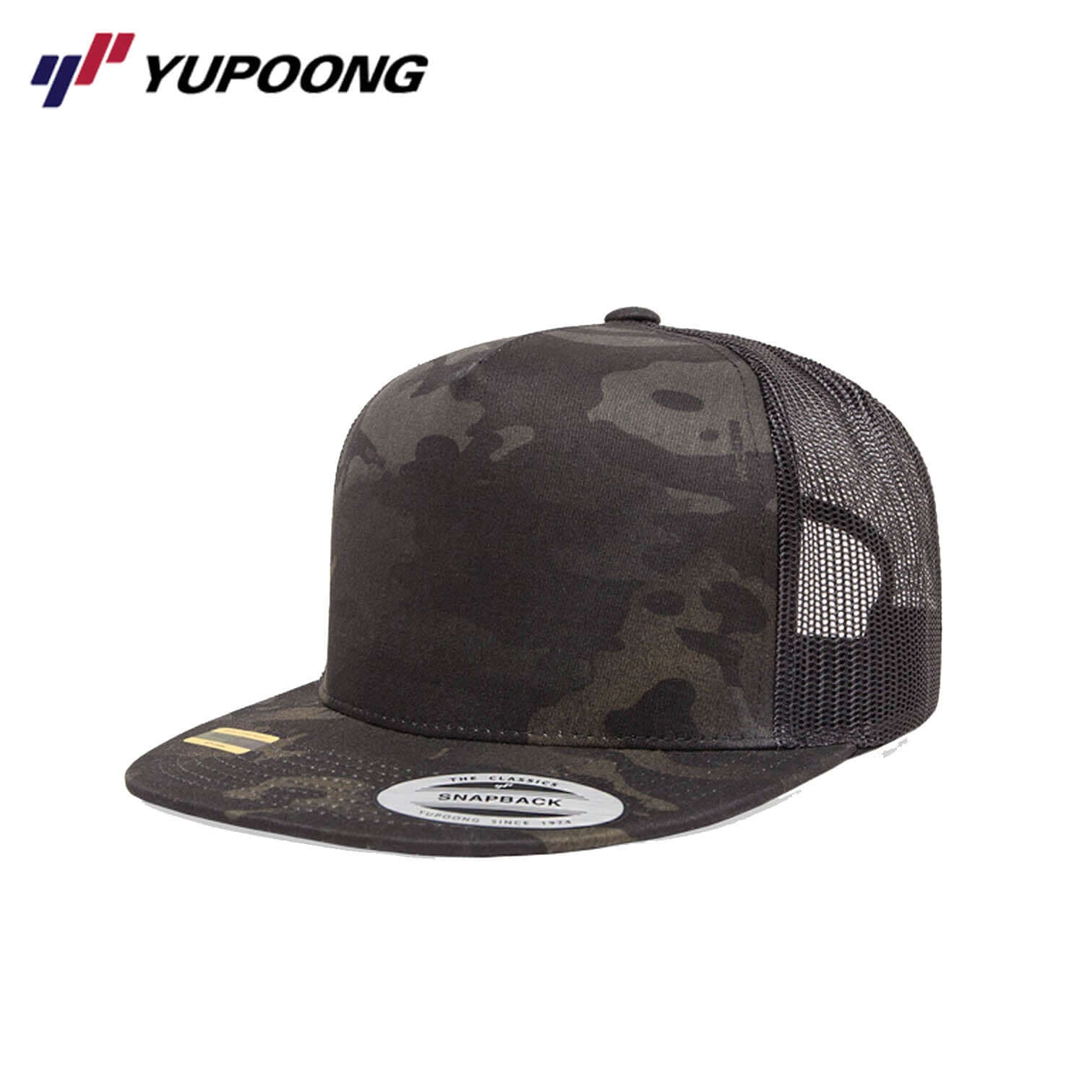 Yupoong 6006MC Classic Trucker Multicam Snapback in black MultiCam pattern, perfect corporate gift.