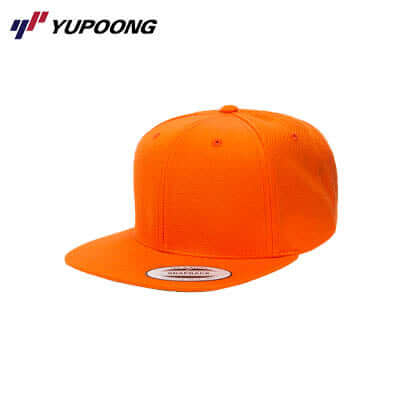 Yupoong 6089M Premium Classic Snapback in vibrant orange color with flat visor and high profile design.
