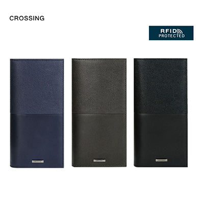 Crossing Infinite Long Leather Wallet RFID in navy, grey, and black, featuring RFID protection and stylish design.