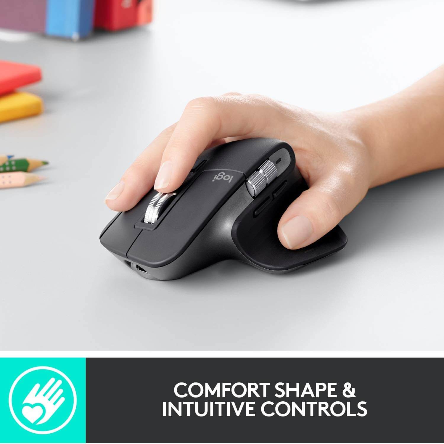Logitech MX Master 3 Advanced Wireless Mouse showcasing comfort shape and intuitive controls for optimal efficiency.
