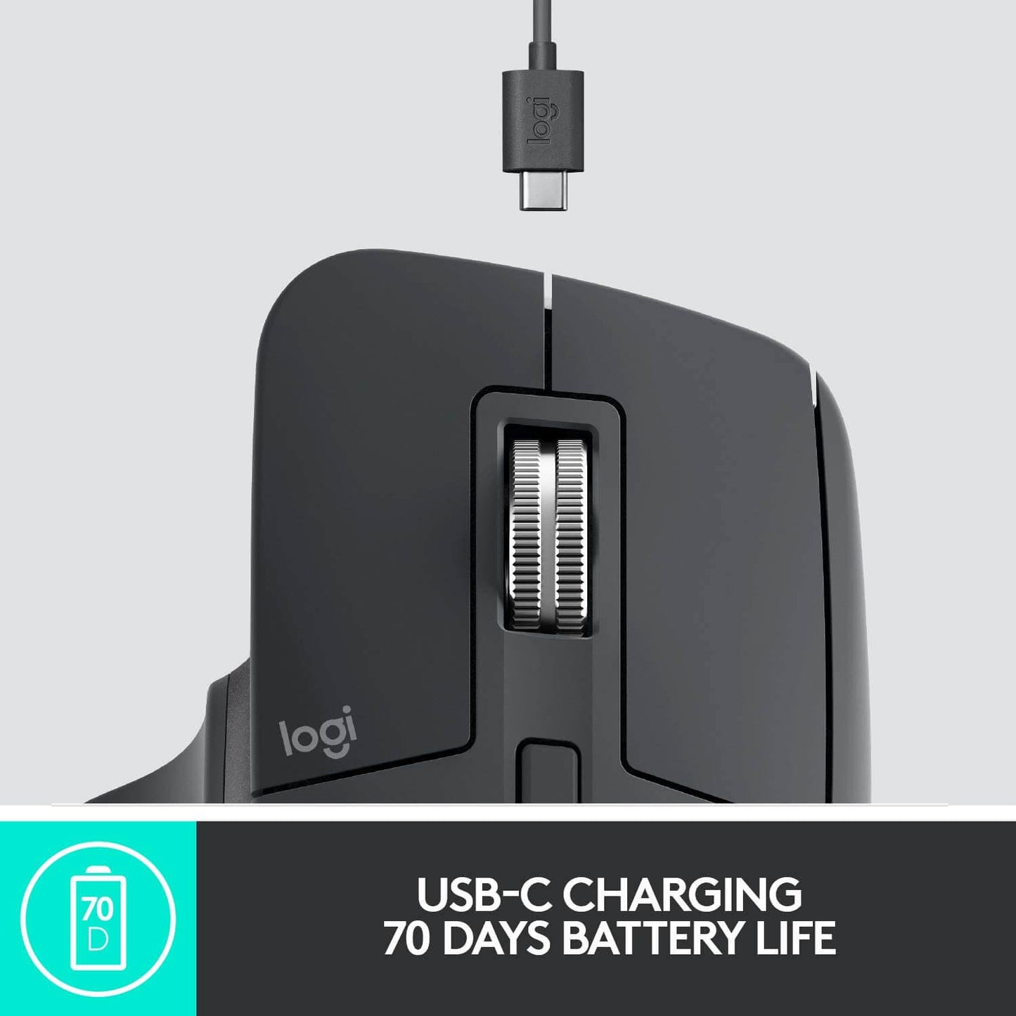 Logitech MX Master 3 Advanced Wireless Mouse USB-C charging with 70 days battery life for efficient use.