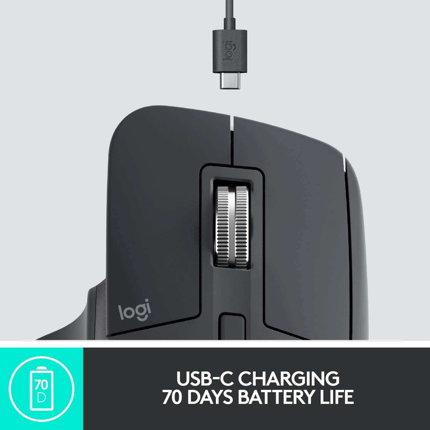 Logitech MX Master 3 Advanced Wireless Mouse USB-C charging with 70 days battery life for efficient use.