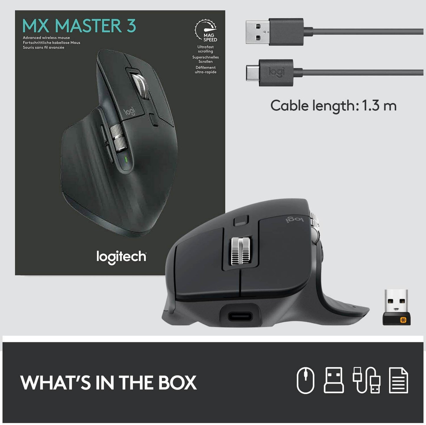 Logitech MX Master 3 Advanced Wireless Mouse with USB receiver and charging cable in the box.