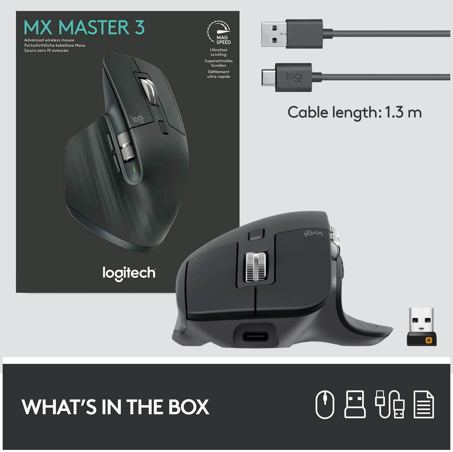 Logitech MX Master 3 Advanced Wireless Mouse with USB receiver and charging cable in the box.