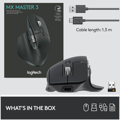 Logitech MX Master 3 Advanced Wireless Mouse with USB receiver and charging cable in the box.