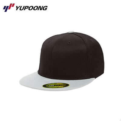 Yupoong 6210T Premium 210 Fitted 2-Tone cap in Black/Camo with flat visor and high profile.