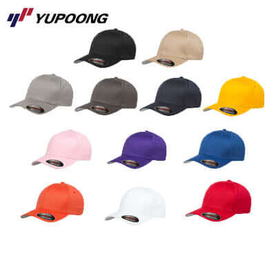 Yupoong 6277 Flexfit Wooly Combed Cap available in multiple colors including black, khaki, and pink.