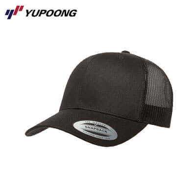 Yupoong 6606 Classic Retro Trucker Cap in black with mesh panels for comfort and style, perfect as a corporate gift.