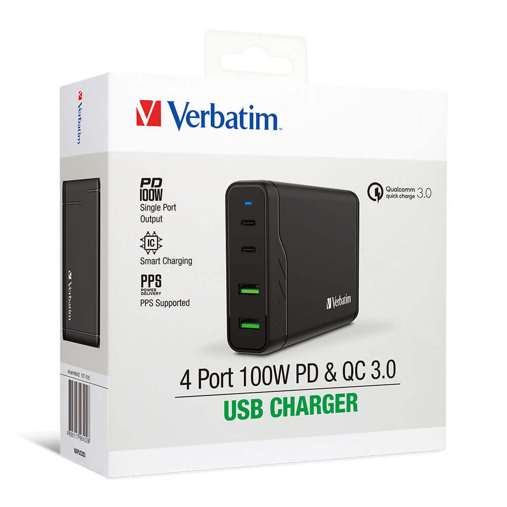 Verbatim 4 Port 100W PD & QC 3.0 USB Charger (AC Power Cord) packaging showcasing smart charging features.