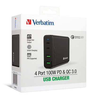 Verbatim 4 Port 100W PD & QC 3.0 USB Charger (AC Power Cord) packaging showcasing smart charging features.