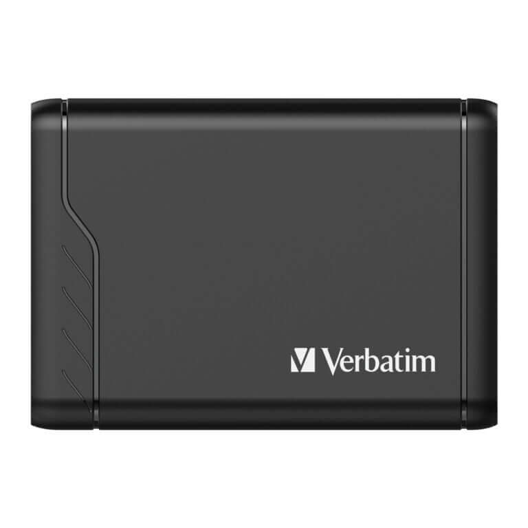 Verbatim 4 Port 100W PD & QC 3.0 USB Charger (AC Power Cord) black design for efficient charging.