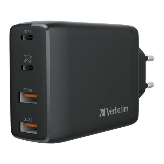 Verbatim 4 Port 100W PD 3.0 & QC 3.0 GaN USB Charger with two Type C and two USB-A ports.