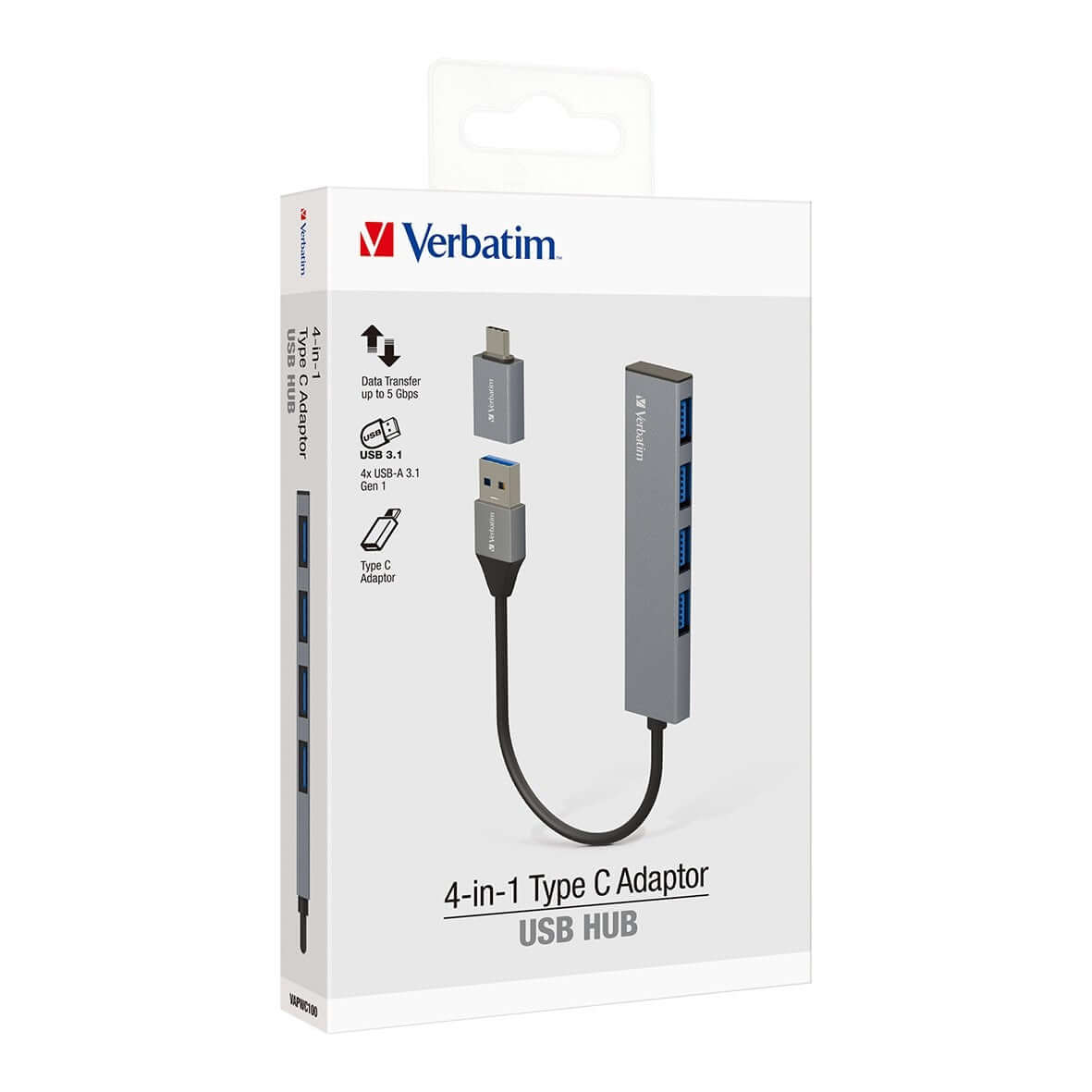 Verbatim 4-in-1 USB Hub with Type C Adaptor packaging featuring 4 USB-A ports and Type C connector.