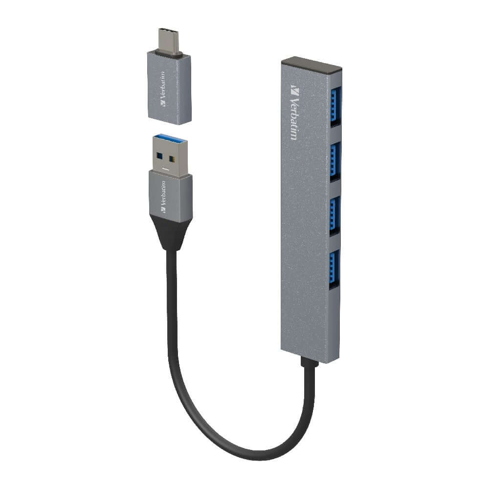 Verbatim 4-in-1 USB Hub with Type C Adaptor showcasing four USB-A 3.1 ports and Type C plug for modern laptops.