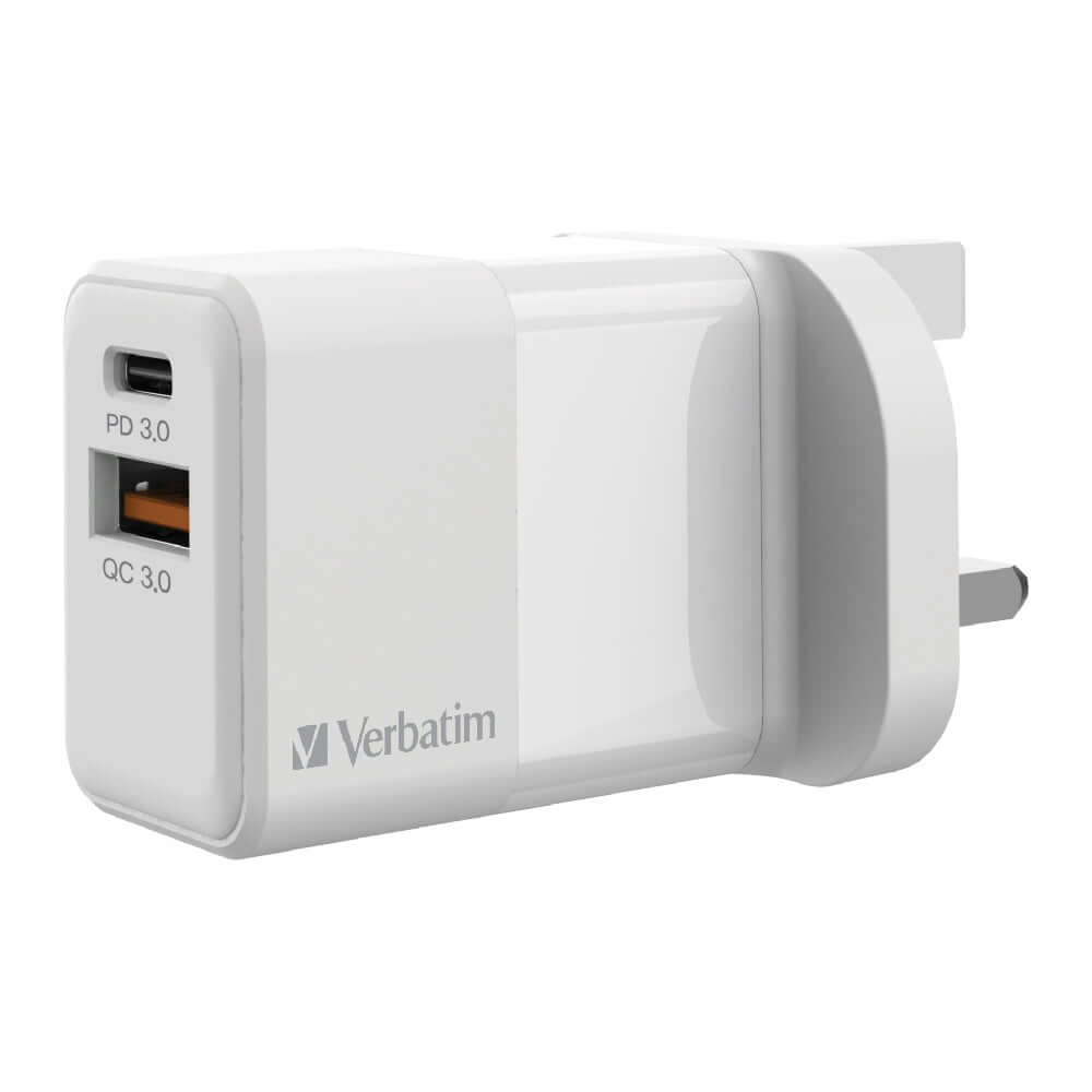 Verbatim 2 Port 20W PD & QC 3.0 USB Charger with PD and QC ports for efficient dual device charging.