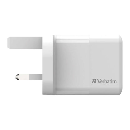 Verbatim 2 Port 20W PD & QC 3.0 USB Charger with Type C PD and USB-A ports for efficient charging.