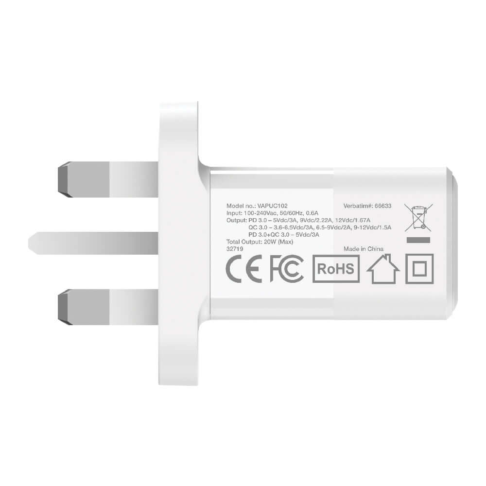 Verbatim 2 Port 20W PD & QC 3.0 USB Charger with Type C PD and USB-A ports for efficient charging.