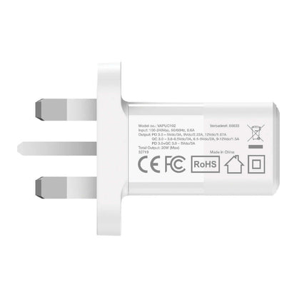 Verbatim 2 Port 20W PD & QC 3.0 USB Charger with Type C PD and USB-A ports for efficient charging.