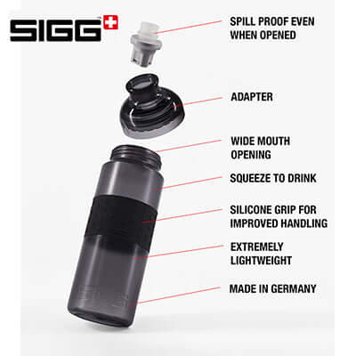 Features of SIGG Sexy 600ml Water Bottle including silicone grip and spill-proof design.