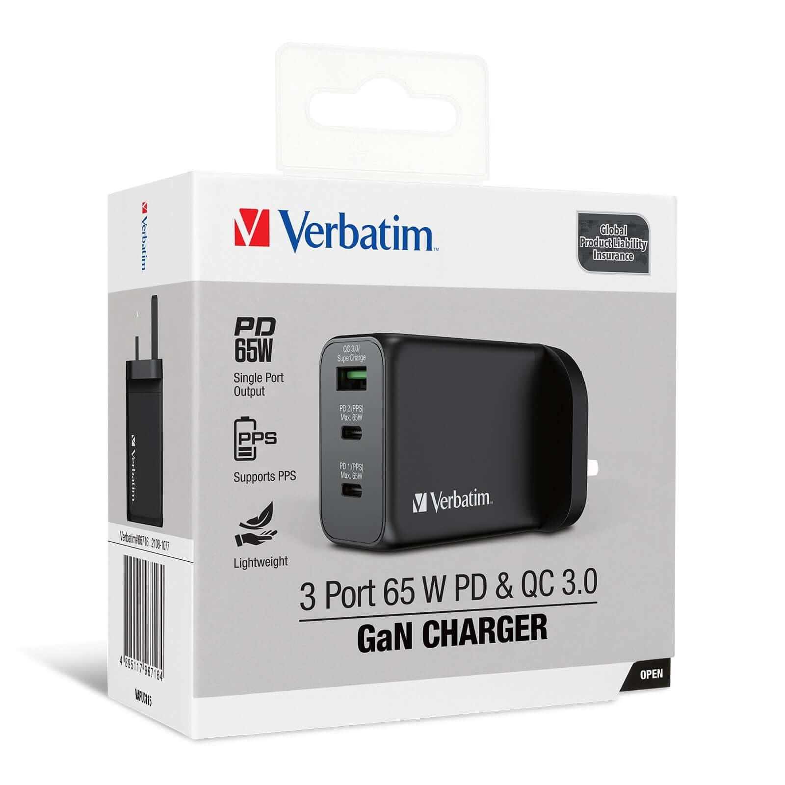 Verbatim 3 Port 65W PD 3.0 & QC 3.0 GaN Charger packaging with product specifications.