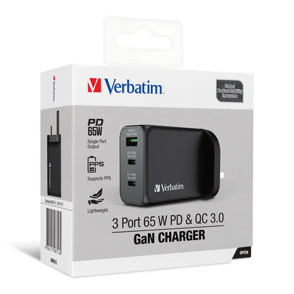 Verbatim 3 Port 65W PD 3.0 & QC 3.0 GaN Charger packaging with product specifications.