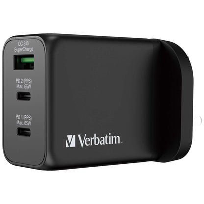 Verbatim 3 Port 65W PD 3.0 & QC 3.0 GaN Charger with multiple ports for efficient charging.