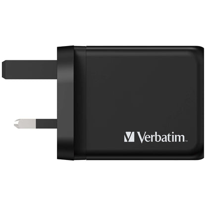 Verbatim 3 Port 65W PD 3.0 & QC 3.0 GaN Charger, sleek black design with plug for efficient charging.