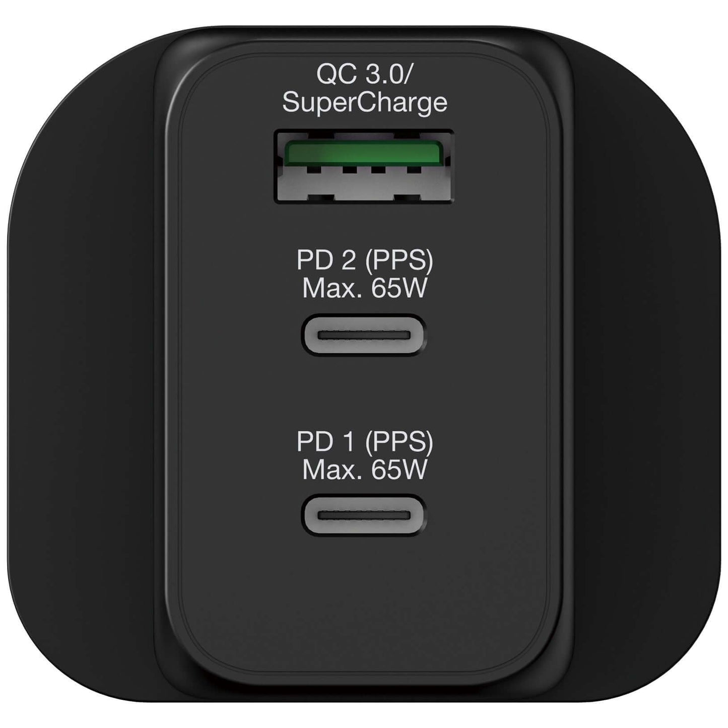 Verbatim 3 Port 65W PD 3.0 & QC 3.0 GaN Charger with two Type C PD ports and one USB-A port.