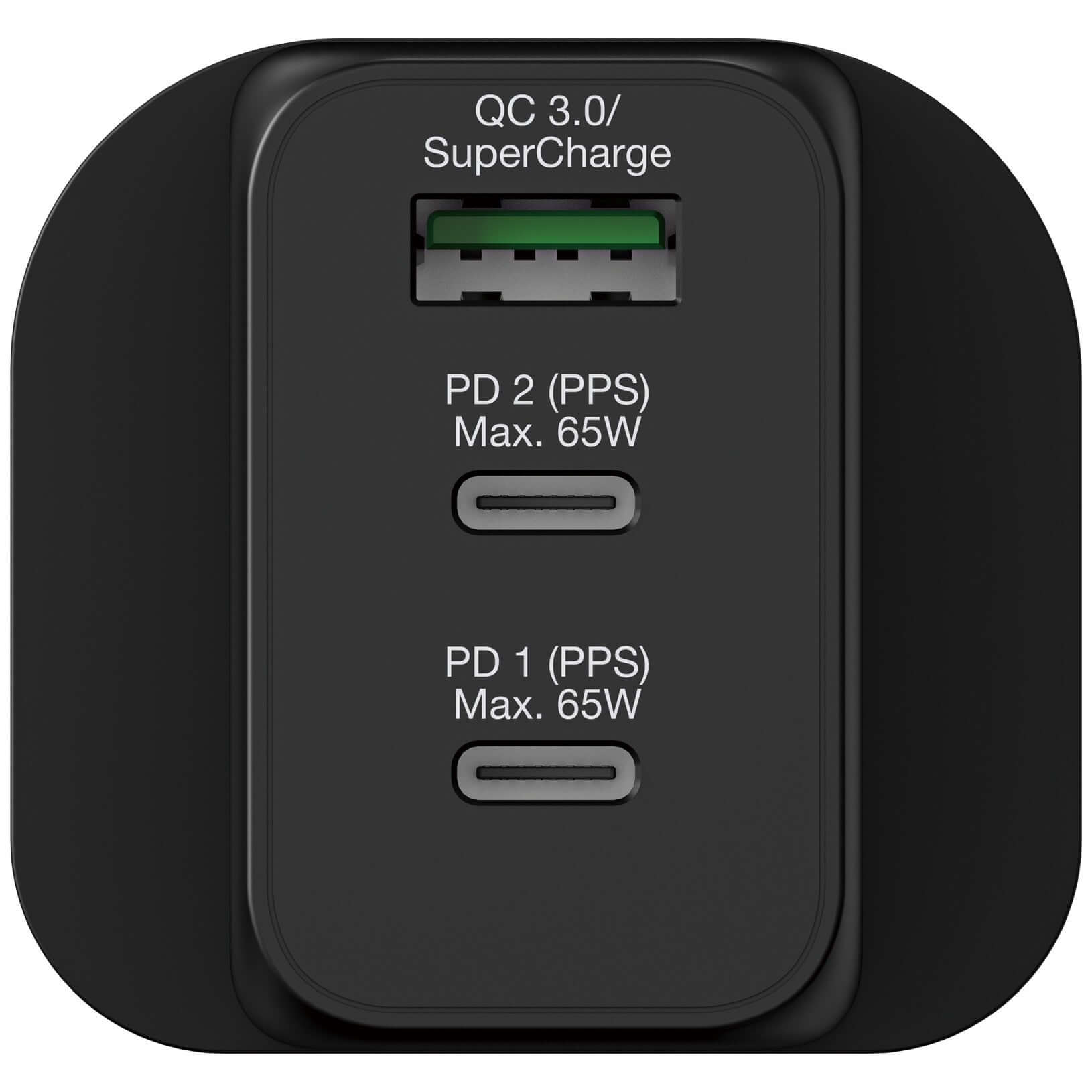 Verbatim 3 Port 65W PD 3.0 & QC 3.0 GaN Charger with two Type C PD ports and one USB-A port.