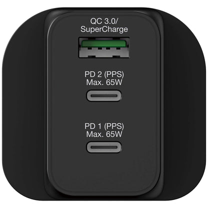 Verbatim 3 Port 65W PD 3.0 & QC 3.0 GaN Charger with two Type C PD ports and one USB-A port.