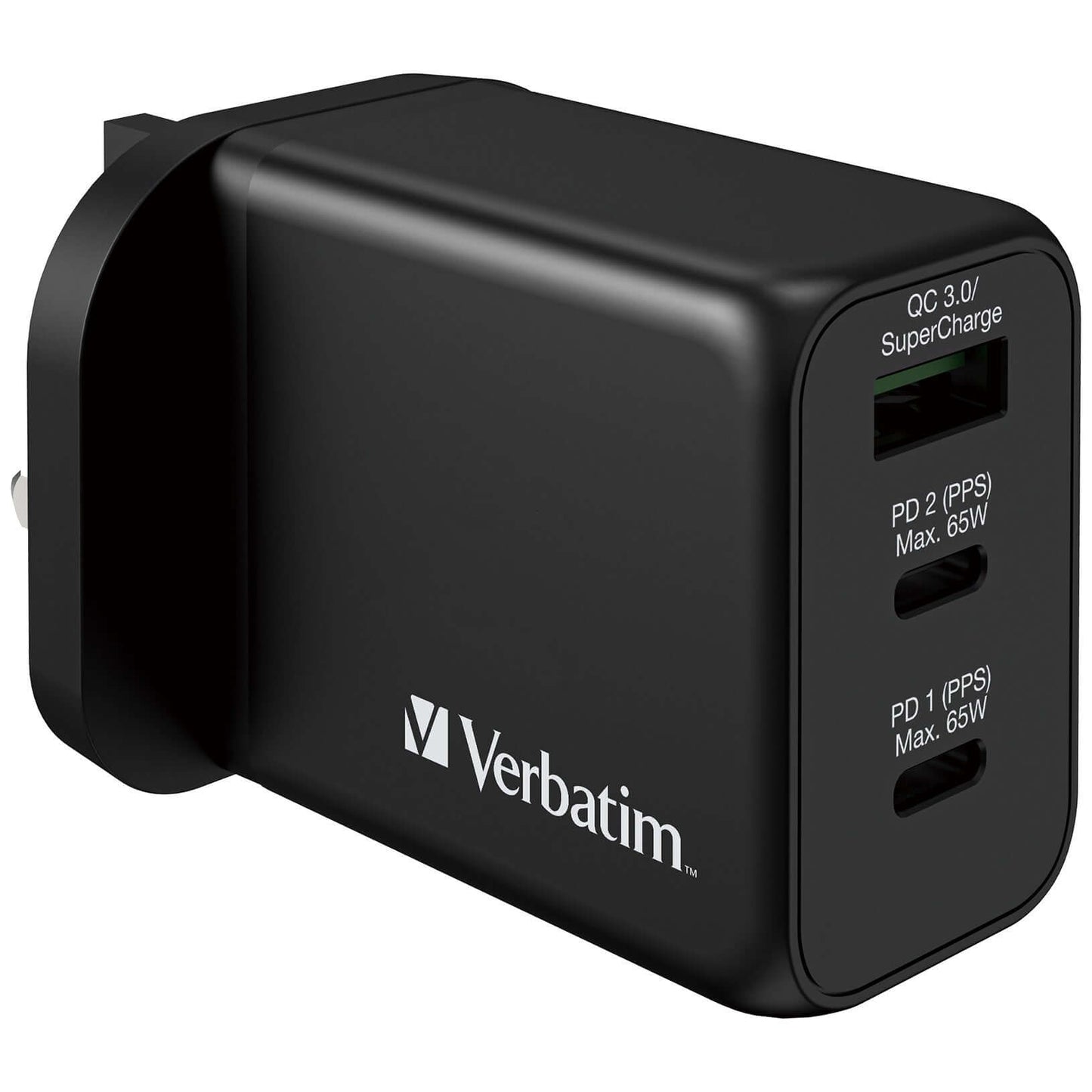 Verbatim 3 Port 65W PD 3.0 & QC 3.0 GaN Charger with dual Type C ports and USB-A port.
