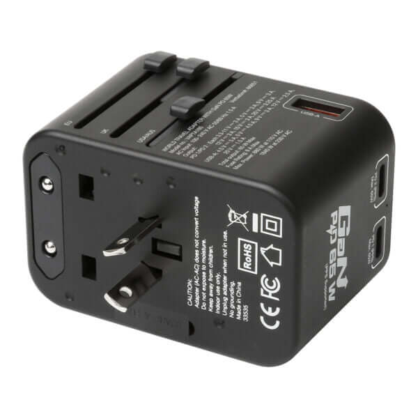 Verbatim 3 Port 65W PD 3.0 & QC 3.0 GaN Universal Travel Adaptor with multiple plug types and ports.