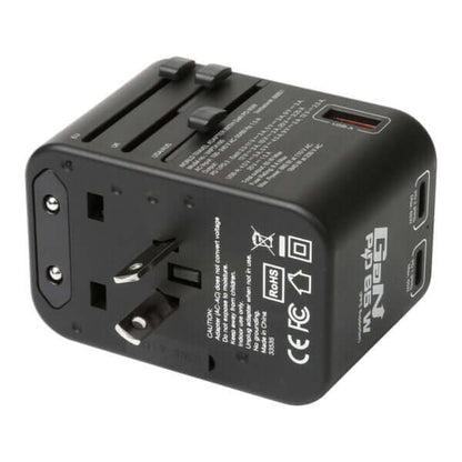 Verbatim 3 Port 65W PD 3.0 & QC 3.0 GaN Universal Travel Adaptor with multiple plug types and ports.
