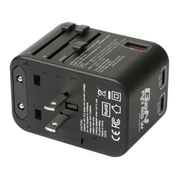 Verbatim 3 Port 65W PD 3.0 & QC 3.0 GaN Universal Travel Adaptor with multiple plug options and fast charging.
