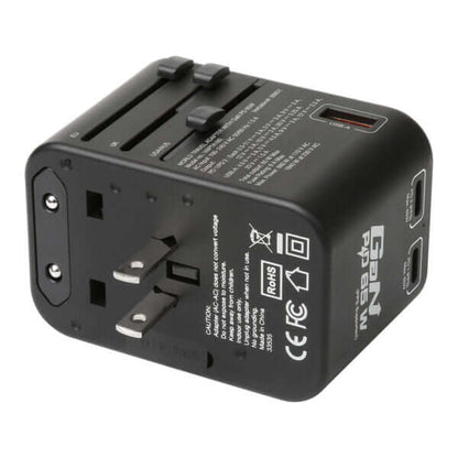 Verbatim 3 Port 65W PD 3.0 & QC 3.0 GaN Universal Travel Adaptor with multiple plug options and fast charging.