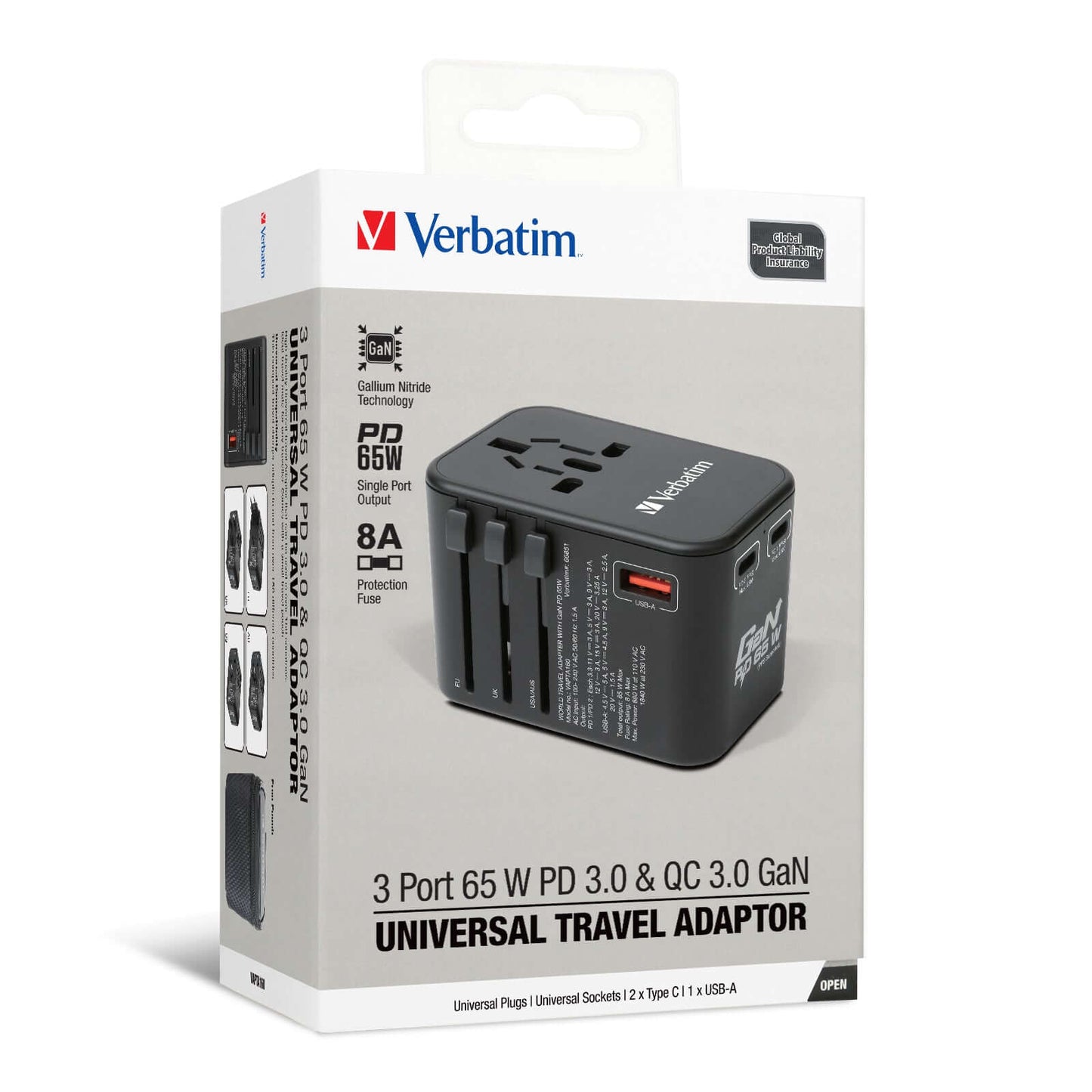 Verbatim 3 Port 65W PD 3.0 & QC 3.0 GaN Universal Travel Adaptor packaging showing multiple plug types.