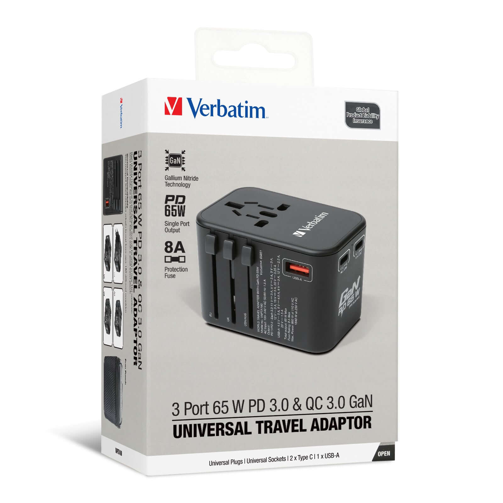 Verbatim 3 Port 65W PD 3.0 & QC 3.0 GaN Universal Travel Adaptor packaging showing multiple plug types.