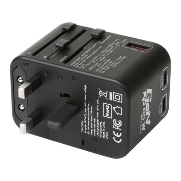 Verbatim 3 Port 65W PD 3.0 & QC 3.0 GaN Universal Travel Adaptor with multiple plug types and fast charging ports.