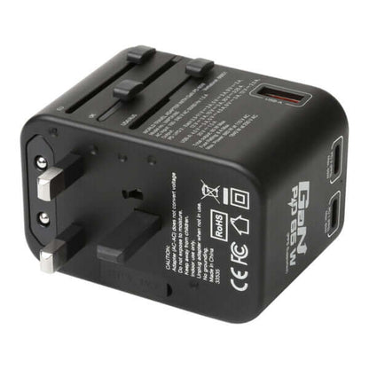 Verbatim 3 Port 65W PD 3.0 & QC 3.0 GaN Universal Travel Adaptor with multiple plug types and fast charging ports.