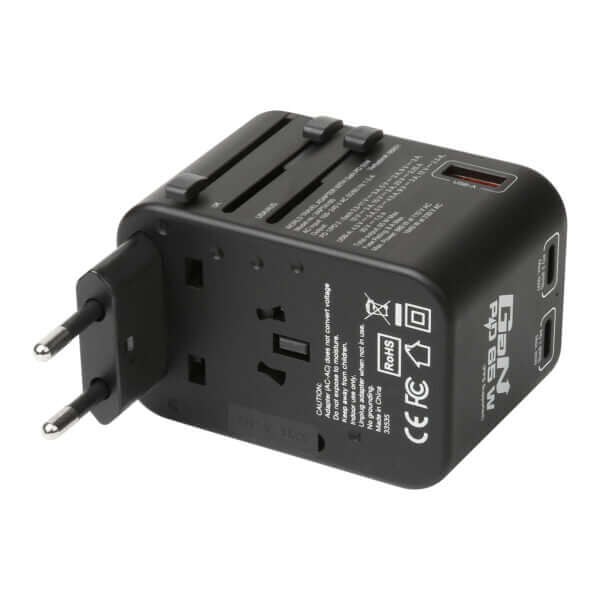 Verbatim 3 Port 65W PD 3.0 & QC 3.0 GaN Universal Travel Adaptor with multiple plug options and USB ports.