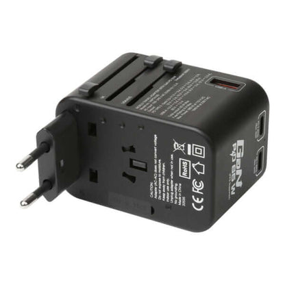 Verbatim 3 Port 65W PD 3.0 & QC 3.0 GaN Universal Travel Adaptor with multiple plug options and USB ports.