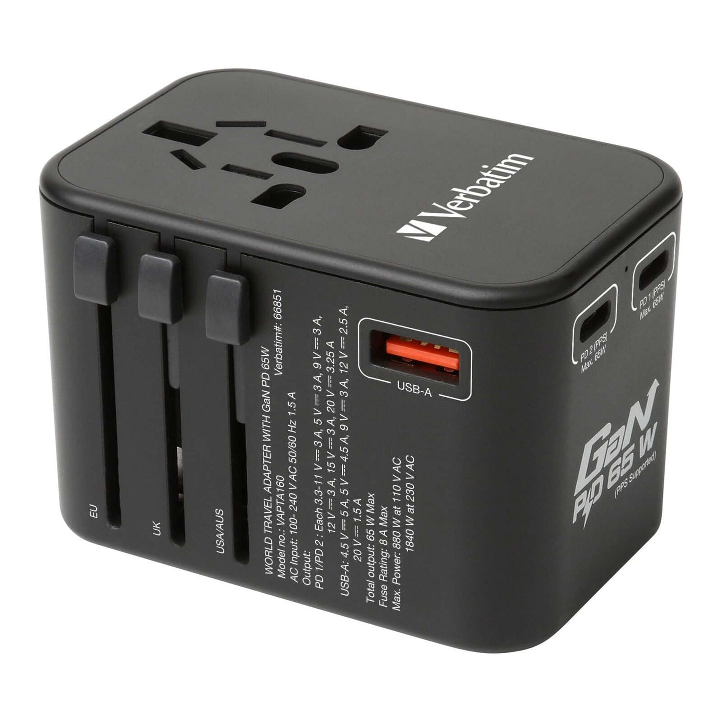 Verbatim 3 Port 65W PD 3.0 & QC 3.0 GaN Universal Travel Adaptor featuring multiple ports and plugs
