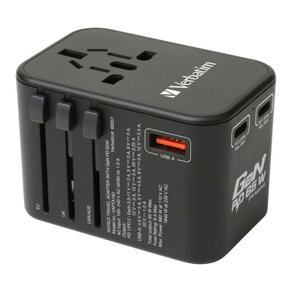 Verbatim 3 Port 65W PD 3.0 & QC 3.0 GaN Universal Travel Adaptor featuring multiple ports and plugs