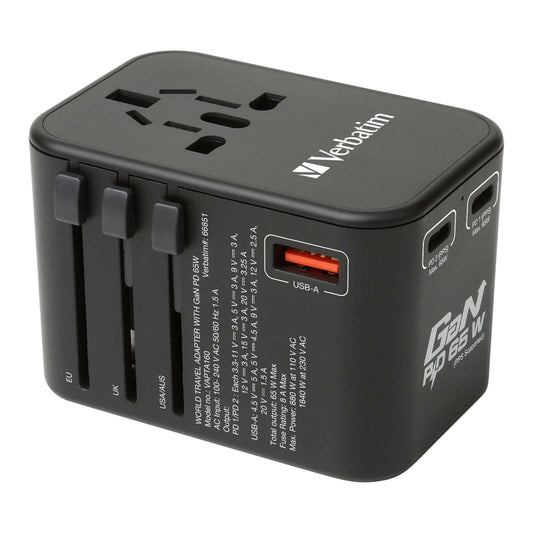 Verbatim 3 Port 65W PD 3.0 & QC 3.0 GaN Universal Travel Adaptor featuring multiple ports and plugs