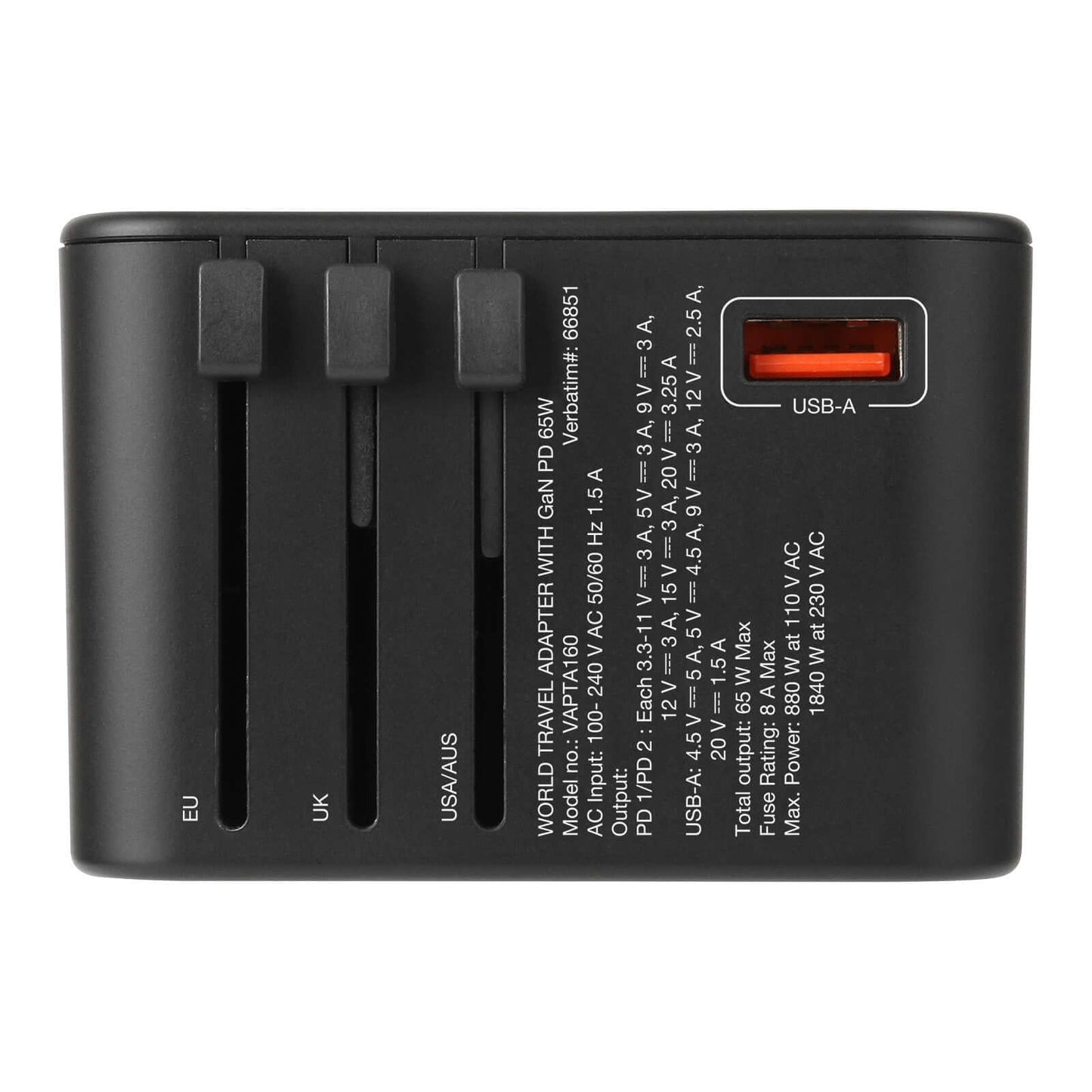 Verbatim 3 Port 65W PD 3.0 & QC 3.0 GaN Universal Travel Adaptor with international plugs and USB ports.