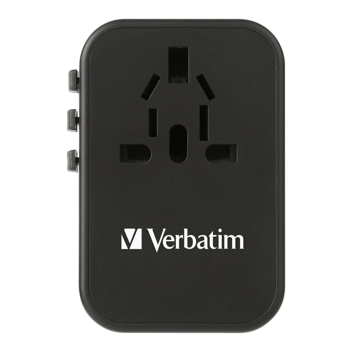 Verbatim 3 Port 65W PD 3.0 & QC 3.0 GaN Universal Travel Adaptor in black with international plug options.