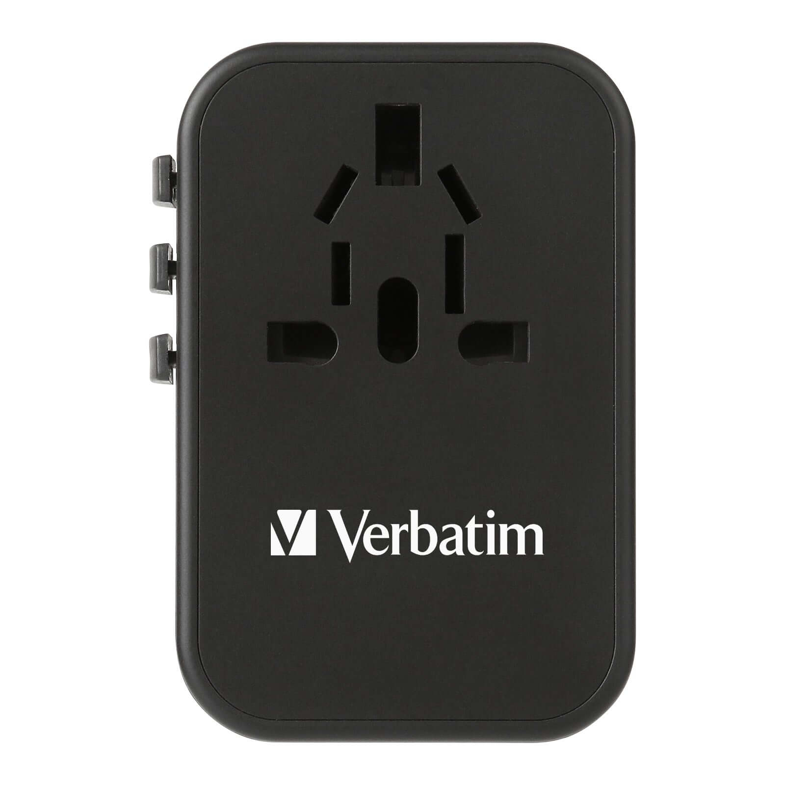 Verbatim 3 Port 65W PD 3.0 & QC 3.0 GaN Universal Travel Adaptor in black with international plug options.